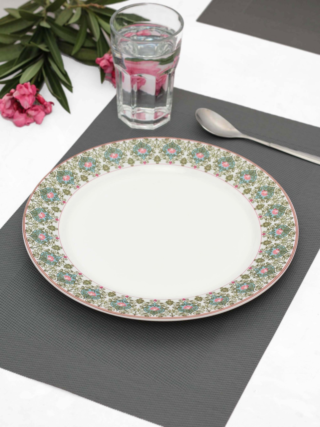 India Circus White & Green Floral Printed Ceramic Dinner Plate