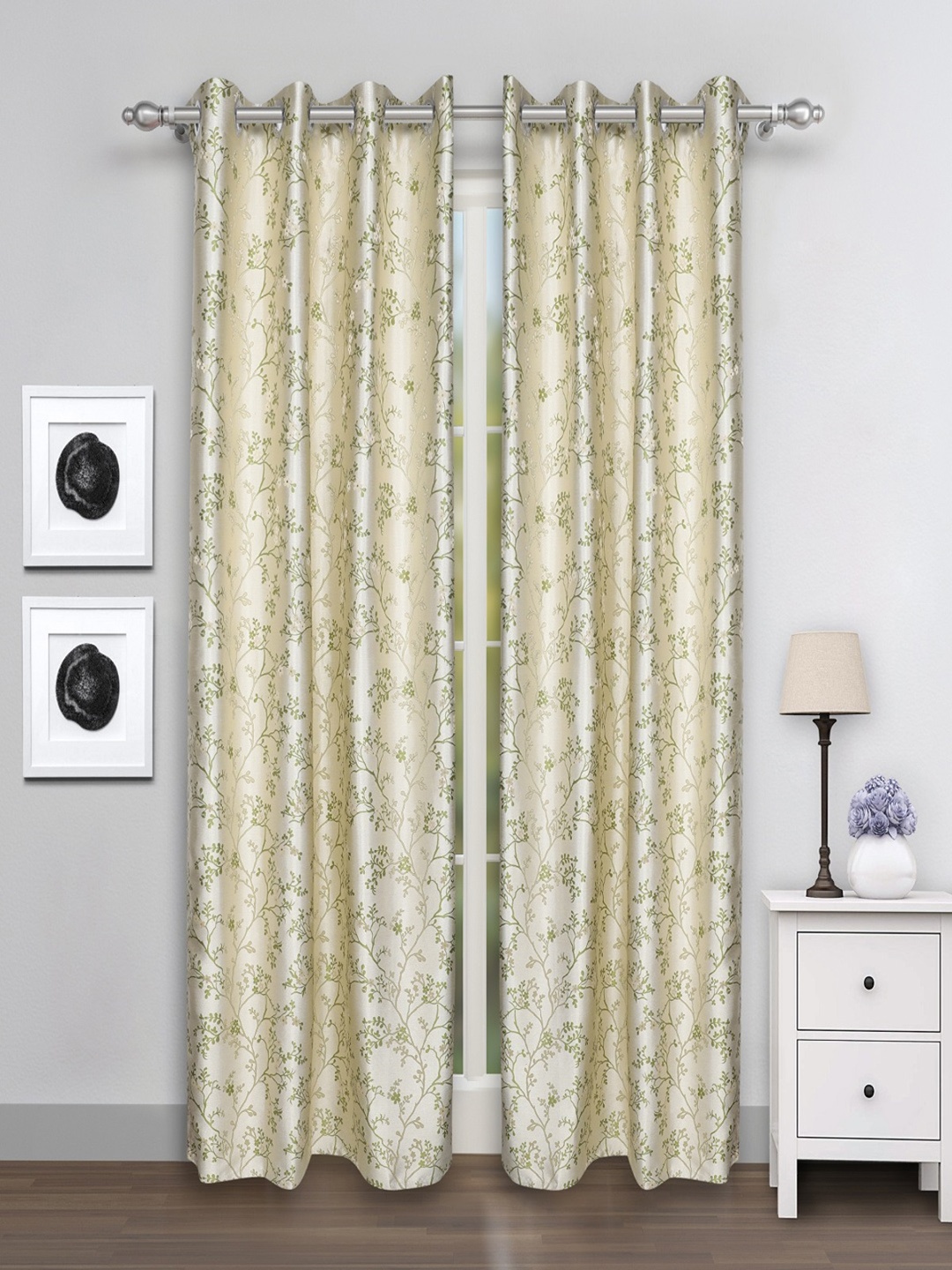 

ROMEE Cream & Green Set of 2 Door Curtains