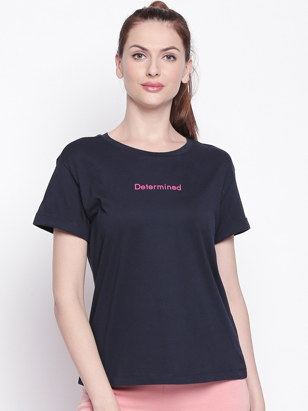 

Ajile by Pantaloons Women Navy Blue Printed Round Neck Pure Cotton T-shirt
