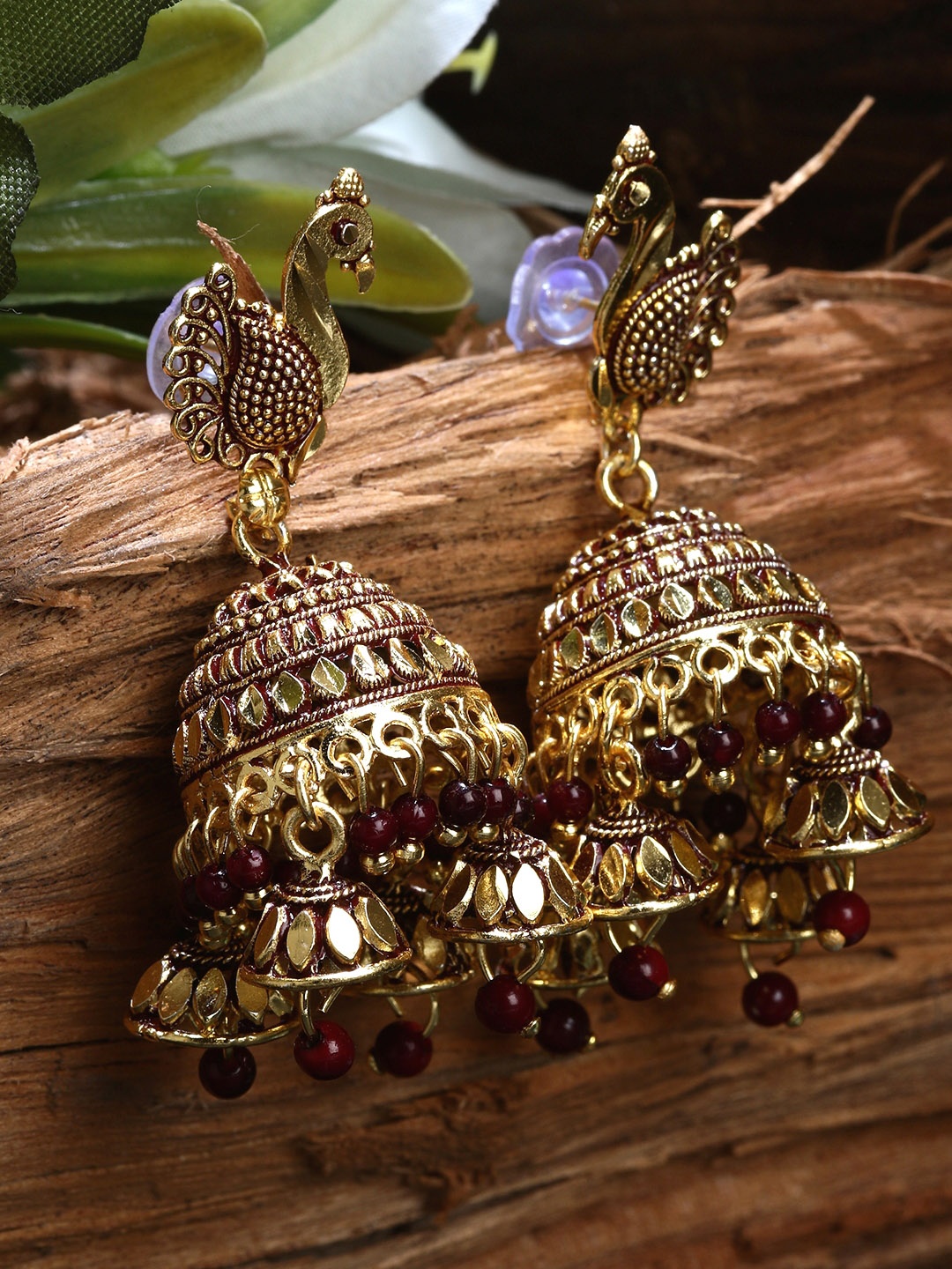 

ANIKAS CREATION Gold-Toned & Brown Dome Shaped Jhumkas