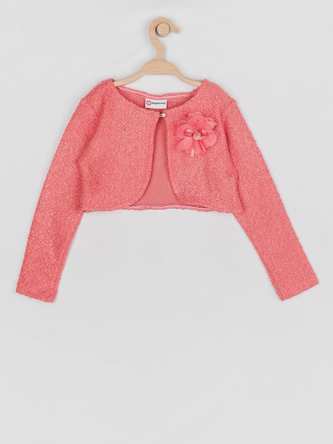 

Peppermint Girls Coral Pink Solid Bolero Jacket with Applique Detail
