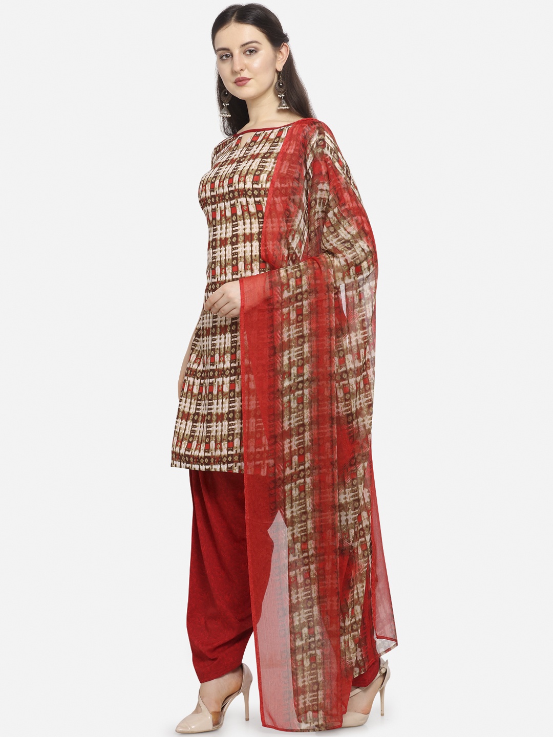 

Ethnic Junction Women Red & Beige Poly Crepe Unstitched Dress Material