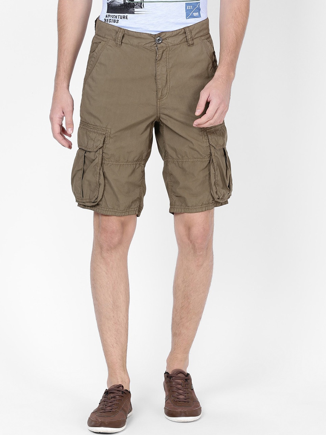 

t-base Men Olive Green Solid Regular Fit Cargo Shorts