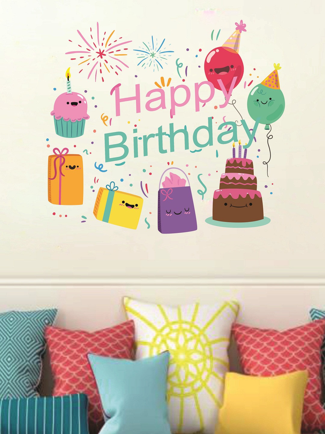 

WALLSTICK Pink & Green Happy Birthday Large Vinyl Wall Sticker