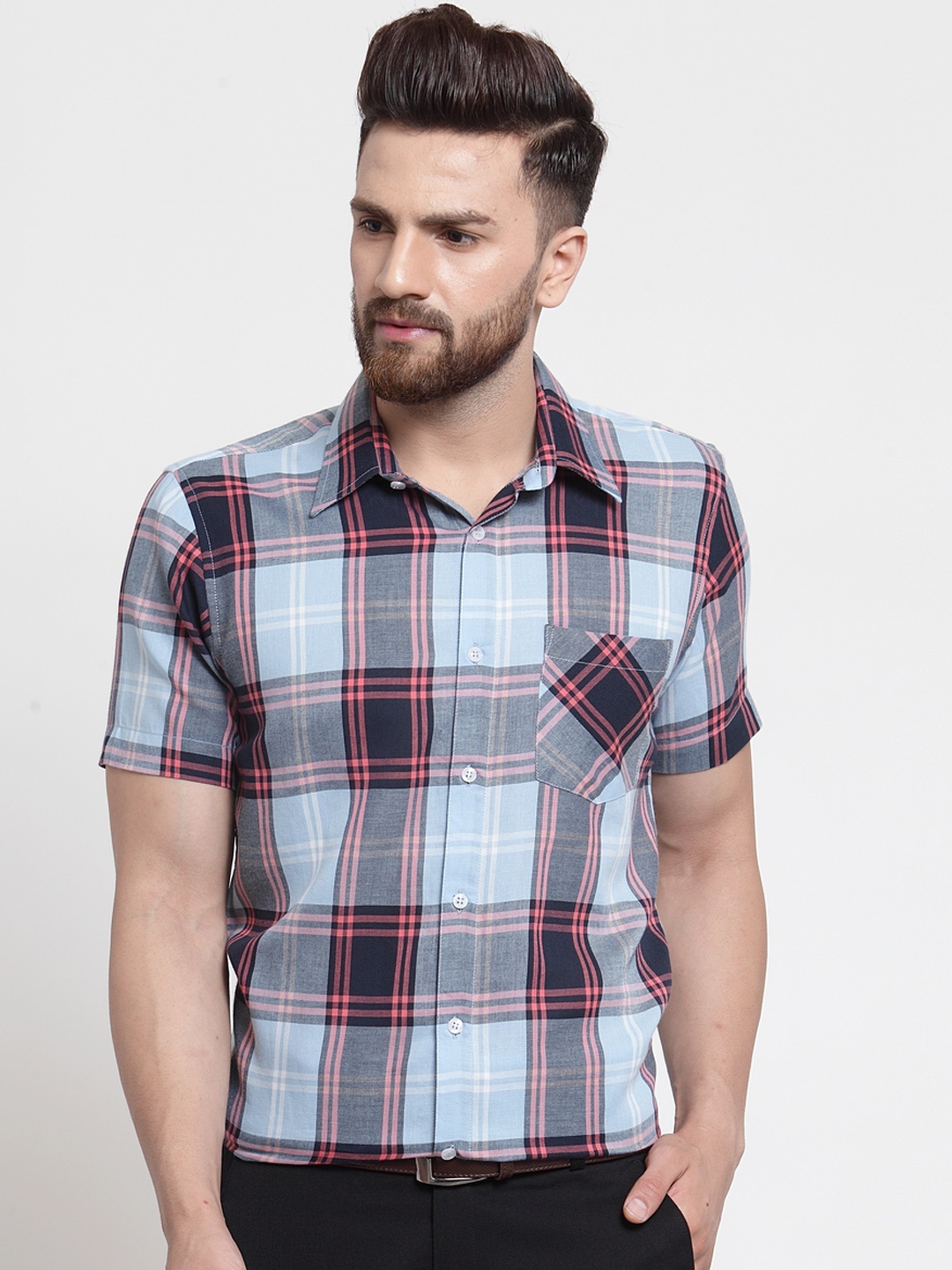 

Purple State Men Blue & Black Slim Fit Checked Formal Shirt