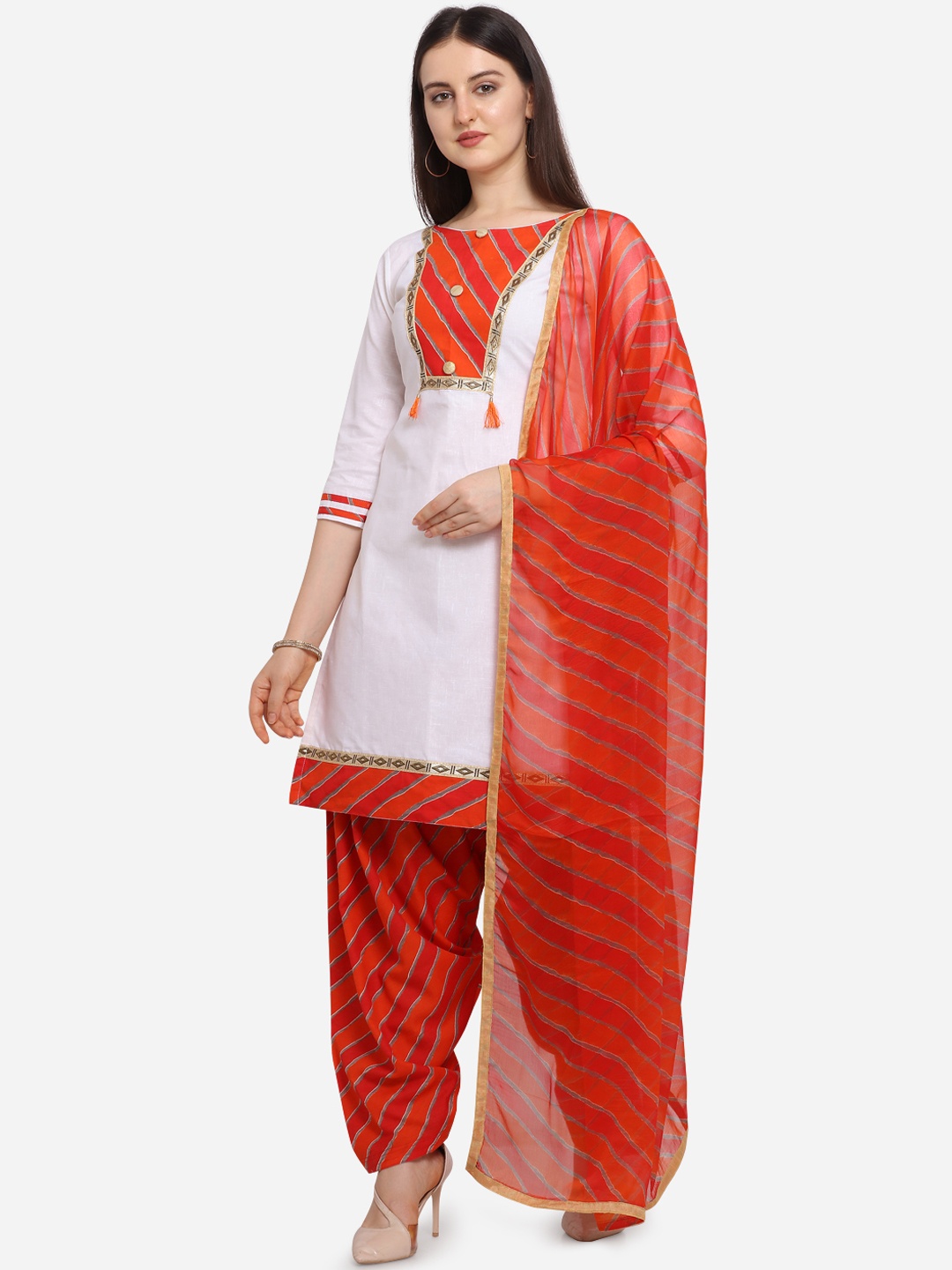 

Ethnic Junction White & Orange Cotton Blend Unstitched Dress Material