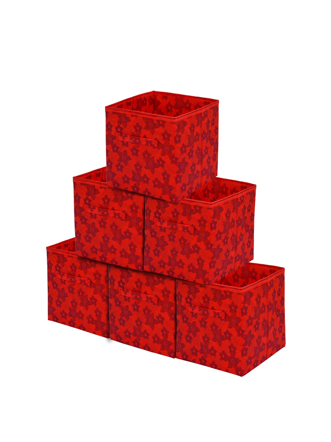 

Kuber Industries Set Of 6 Red Printed Large Foldable Storage Boxes With Handle Replacement Drawer