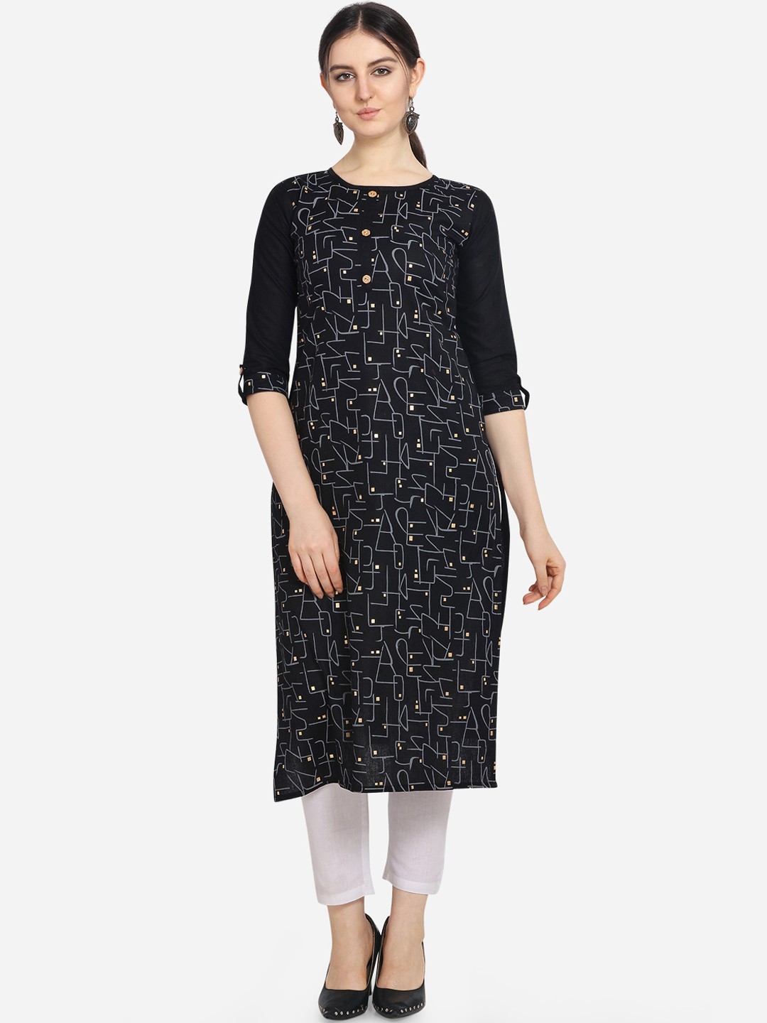 

Kvsfab Women Black Printed Straight Kurta
