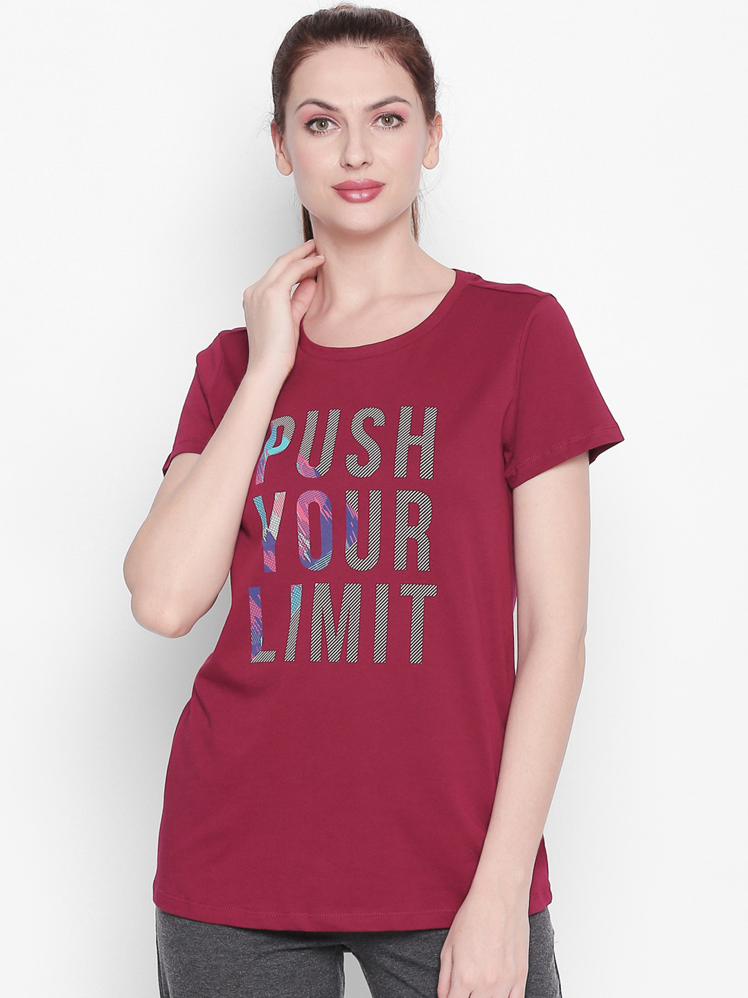 

Ajile by Pantaloons Women Magenta Printed Round Neck Pure Cotton T-shirt