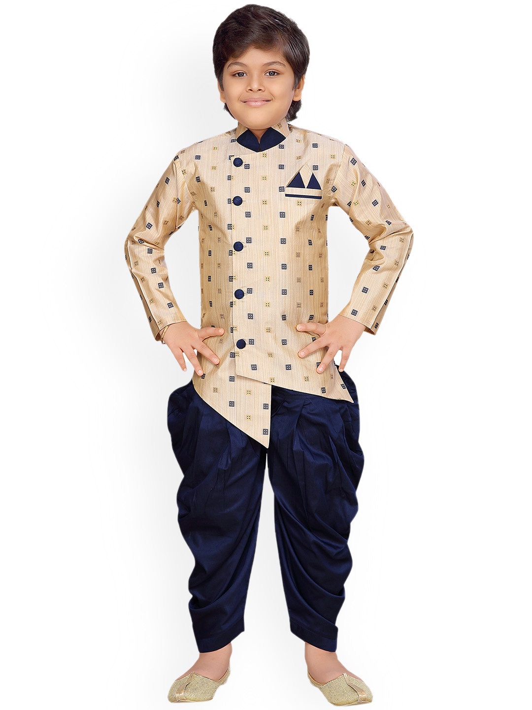 

Aj DEZInES Boys Beige & Navy Blue Sherwani Set