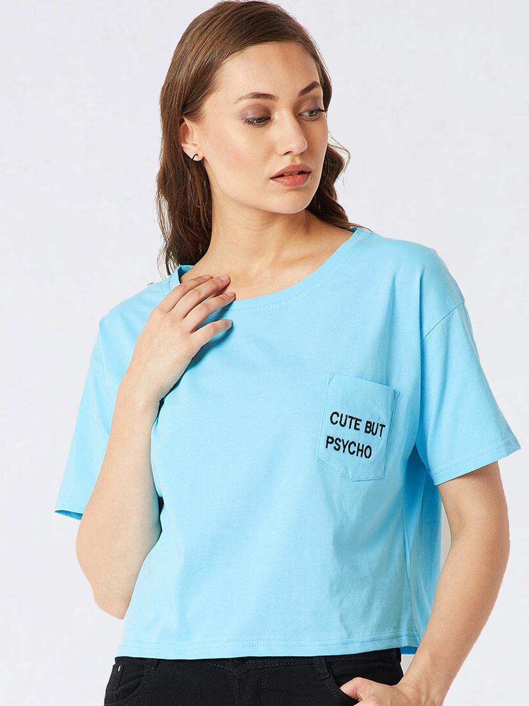

Miss Chase Women Blue Solid Round Neck Boxy Fit Printed T-shirt