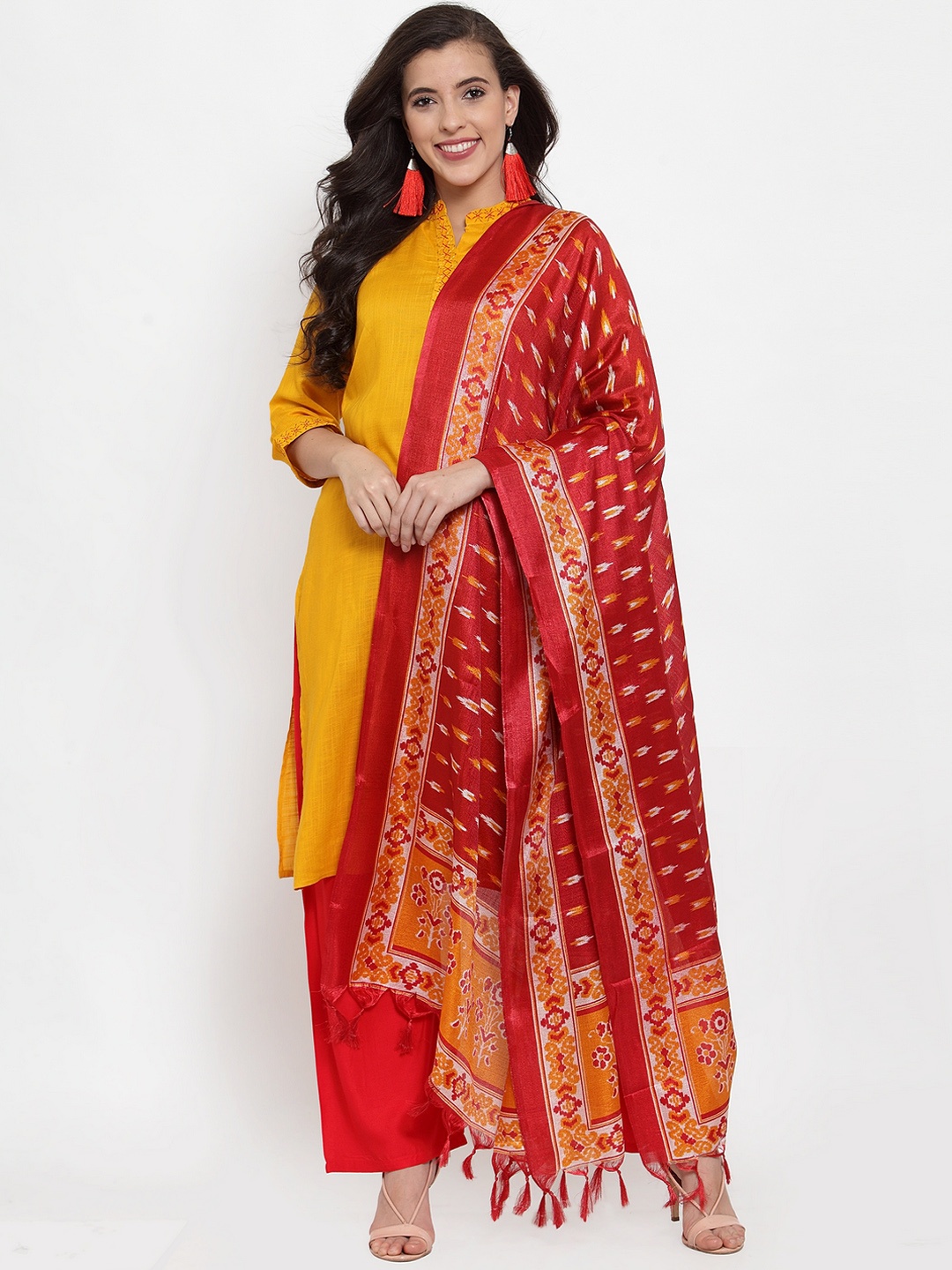 

Jompers Women Mustard Yellow & Red Embroidered Kurta with Palazzos & Dupatta