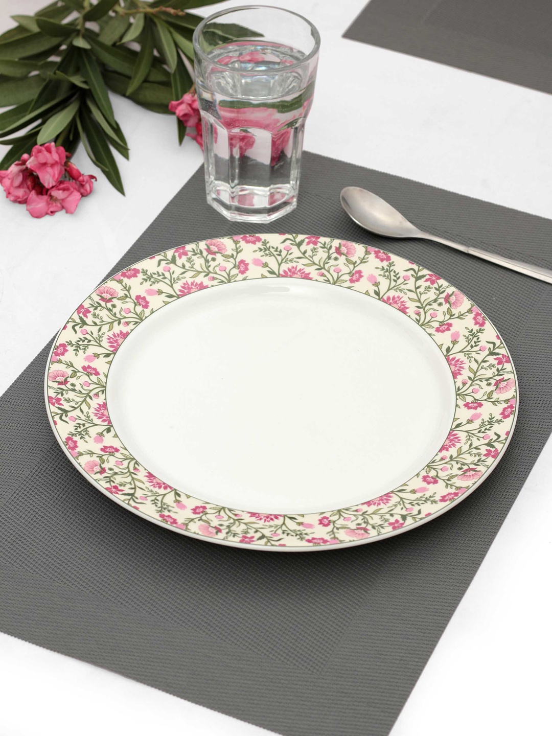 

India Circus White & Pink Floral Printed Ceramic Dinner Plate