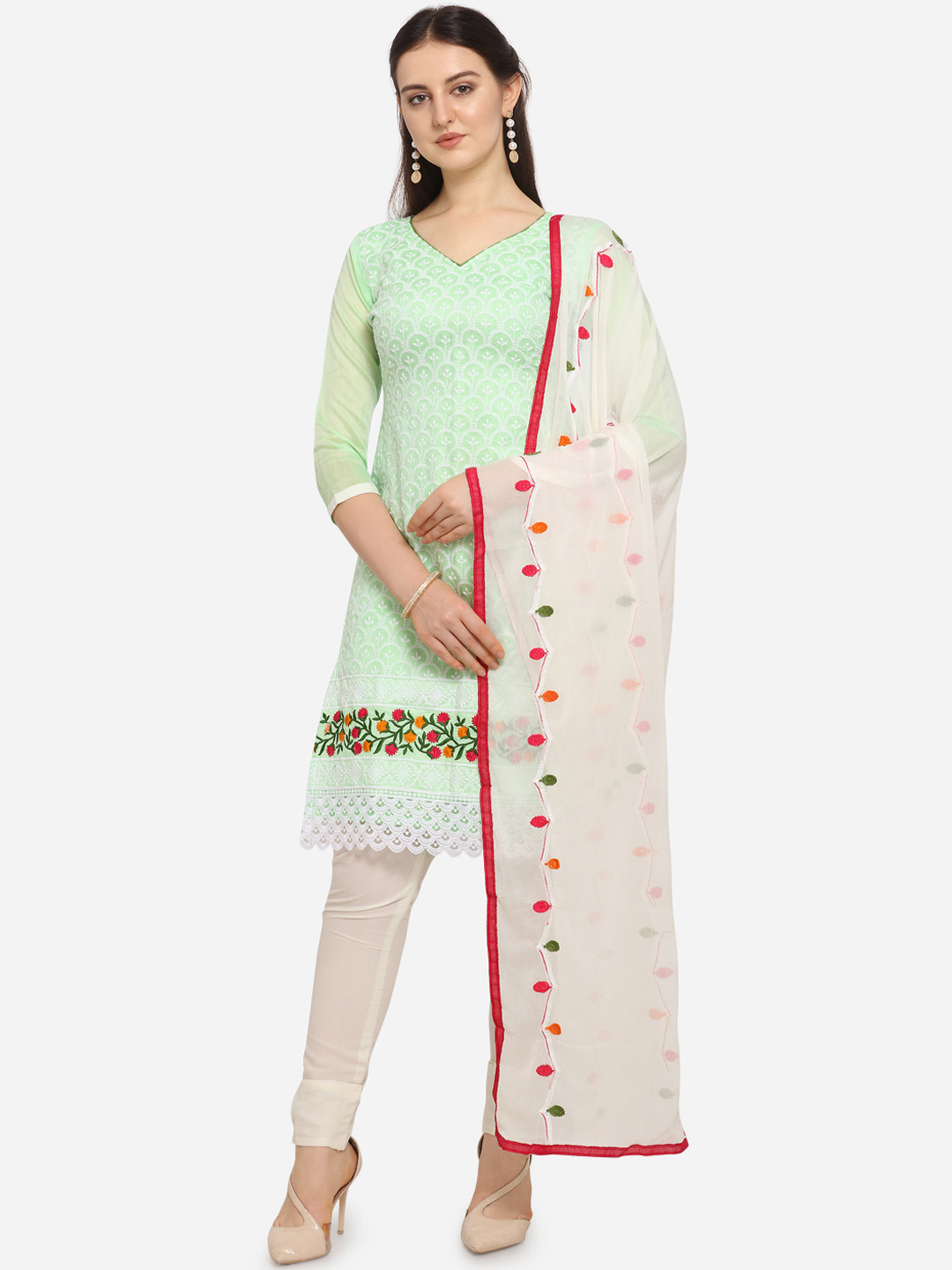 

Ethnic Junction Green & White Embroidered Unstitched Dress Material