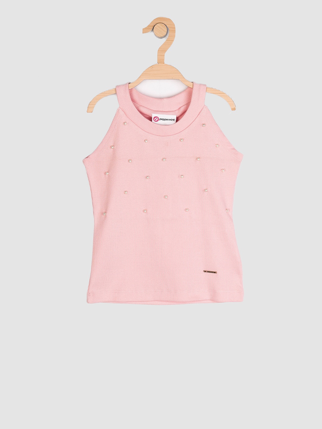 

Peppermint Girls Peach-Coloured Solid Embellished Top