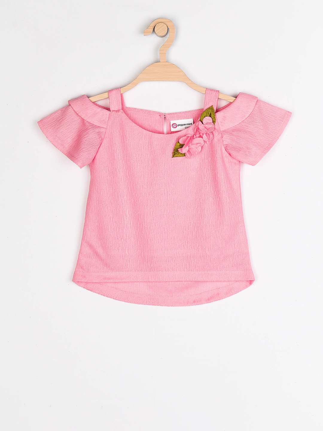 

Peppermint Girls Pink & Green Solid Floral Embellished High-Low Top
