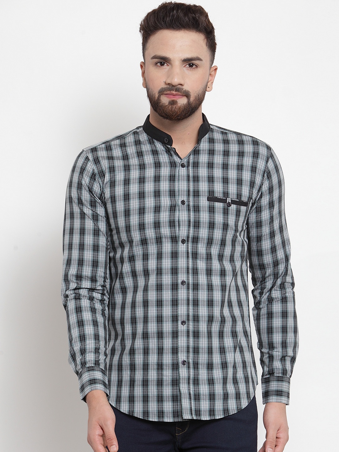 Purple State Men Grey & Black Slim Fit Checked Casual Shirt