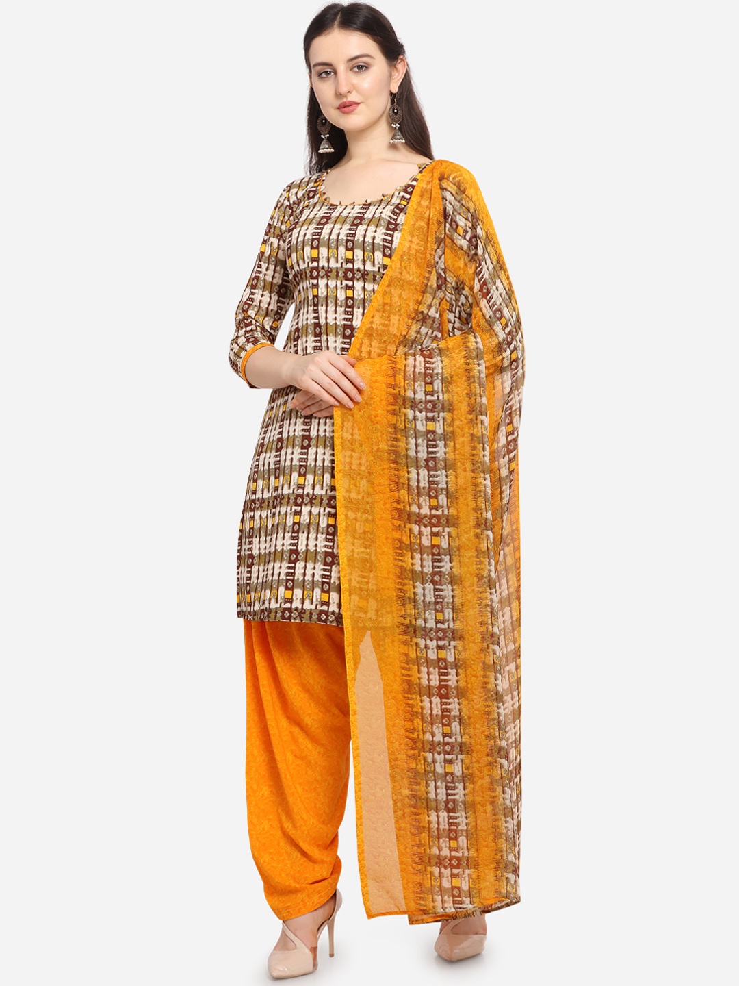 

Ethnic Junction Mustard Yellow & Beige Printed Unstitched Dress Material