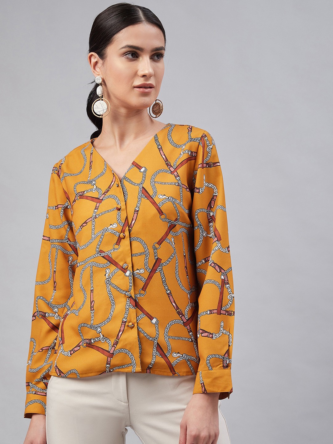 

Marie Claire Women Mustard Yellow & White Graphic Print Shirt Style Top