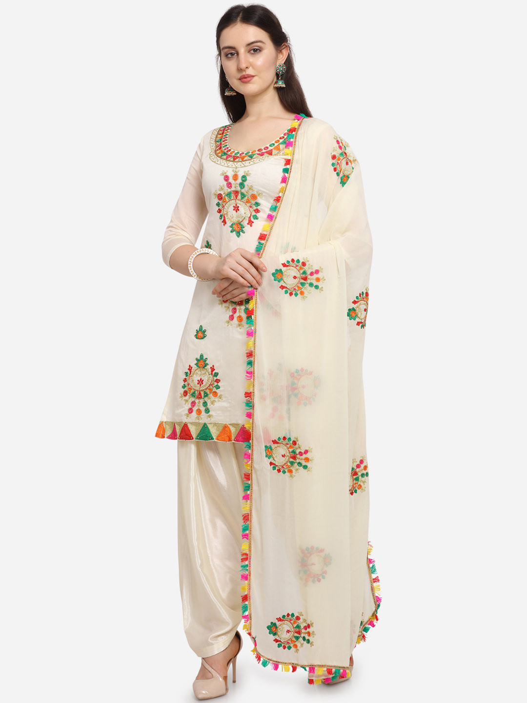 

Ethnic Junction Women Off-White & Pink Silk Blend Embroidered Unstitched Dress Material