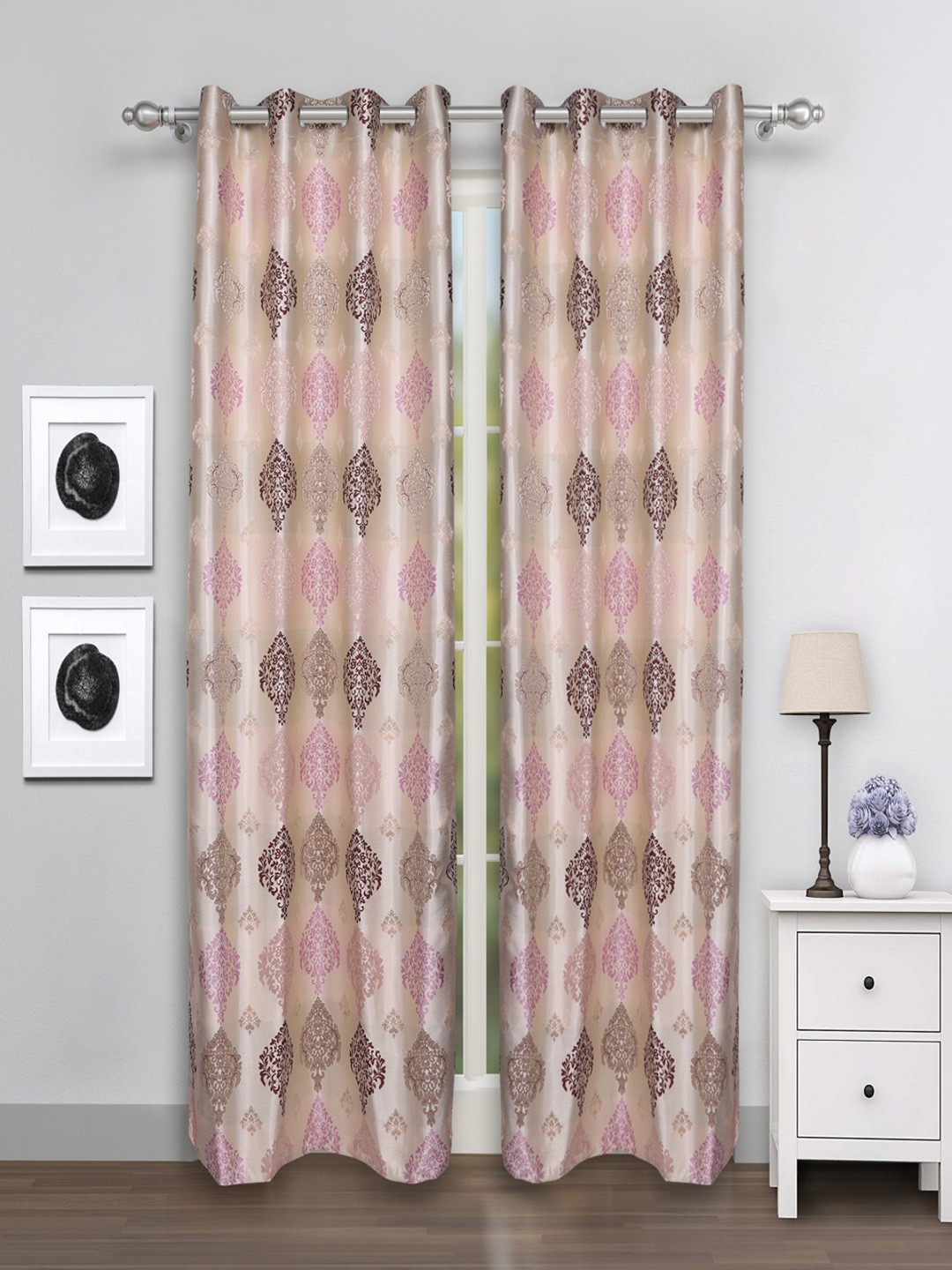 

ROMEE Set of 2 Cream-Coloured & Purple Printed Room Darkening Door Curtains