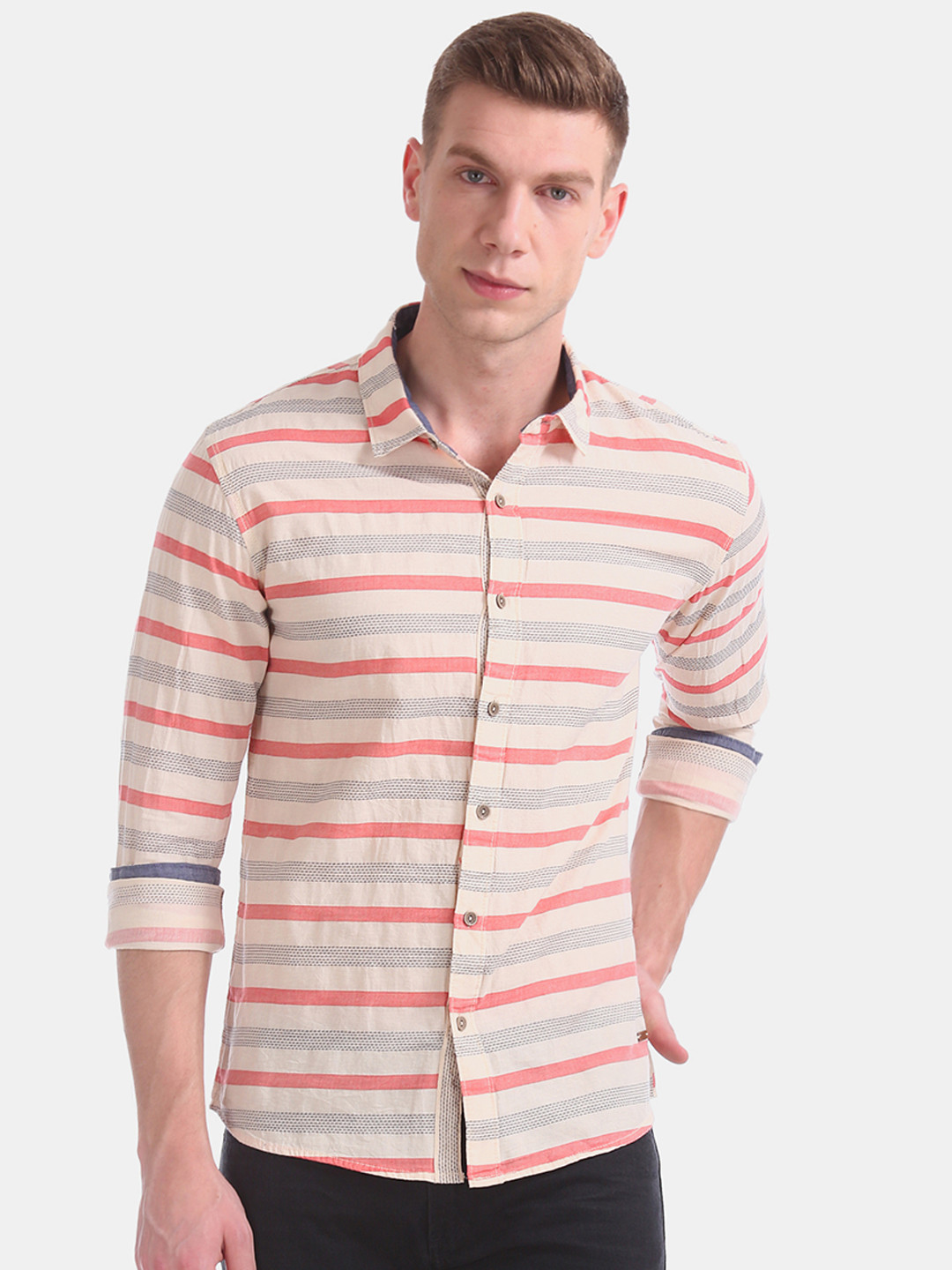 

Cherokee Men Beige & Pink Striped Casual Shirt