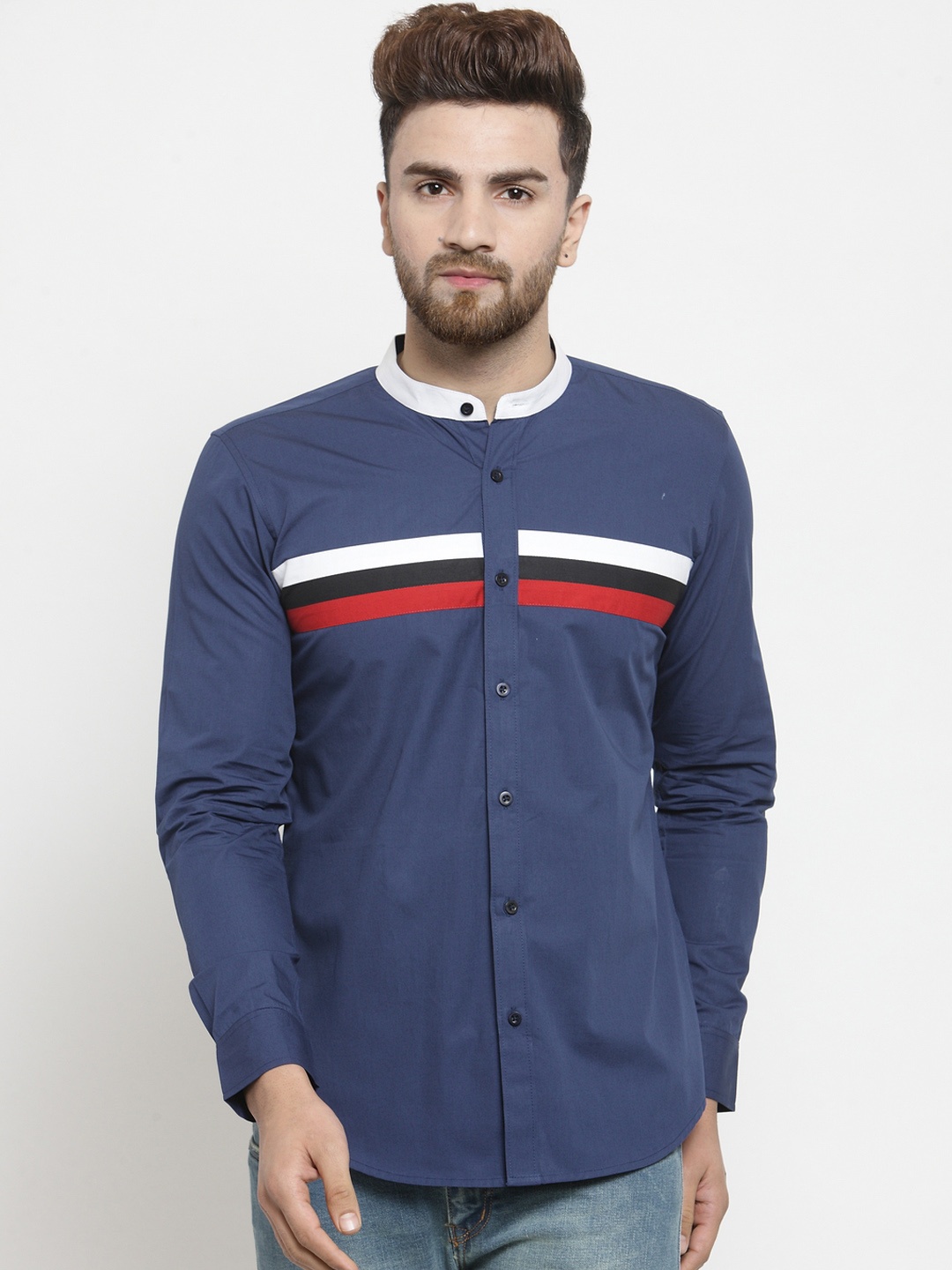 Purple State Men Blue Slim Fit Striped Casual Shirt