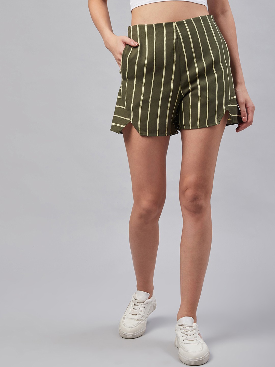 

Marie Claire Women Olive Green & Beige Striped Regular Fit Regular Shorts