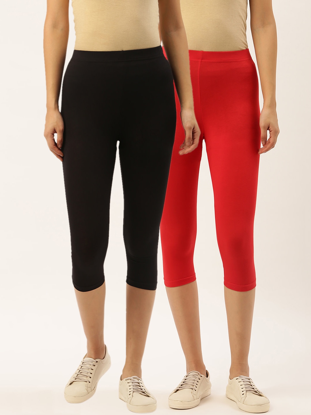 

Leading Lady Women Pack Of 2 Red & Black Solid Regular Fit Capris