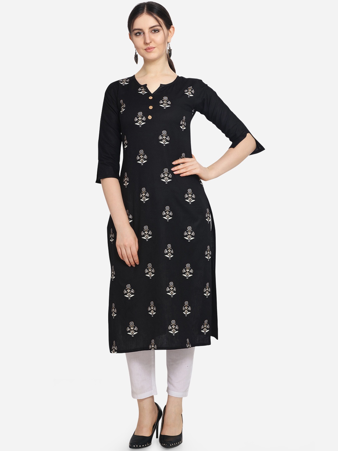 

Kvsfab Women Black & Off-White Printed Straight Kurta