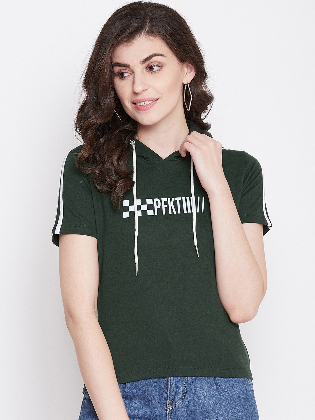 

PERFKT-U Women Green Printed Hooded Sweatshirt