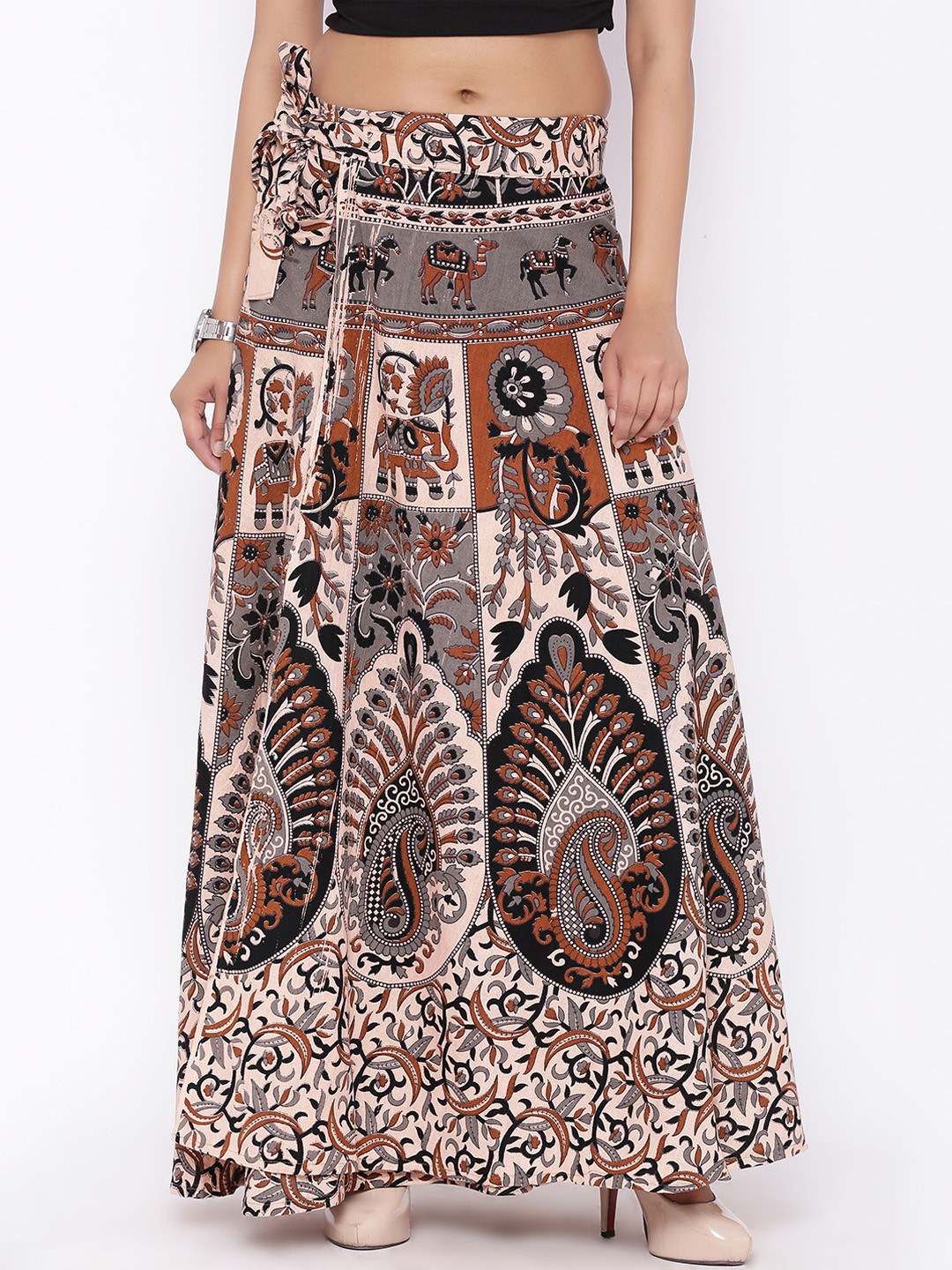 

SOUNDARYA Women Beige & Brown Printed Wrap Maxi Pure Cotton Skirt