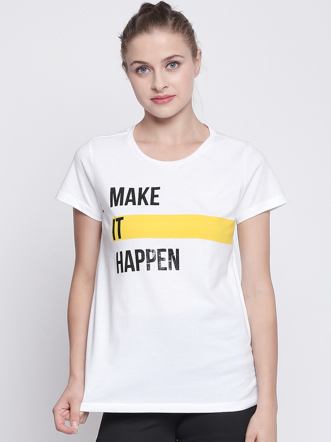 

Ajile by Pantaloons Women White Black Printed Round Neck Pure Cotton T-shirt