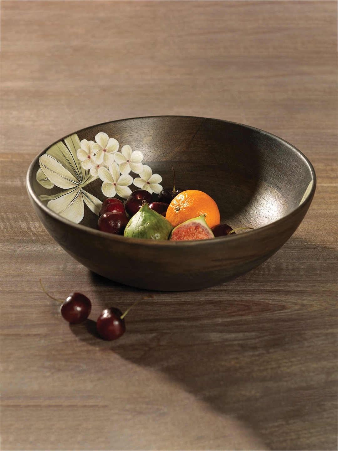 

ellementry Brown & Green Frangipani Printed Wooden Salad Bowl