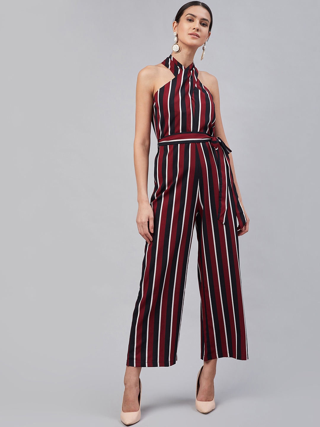 

RARE Women Maroon & Navy Blue Striped Basic Jumpsuit