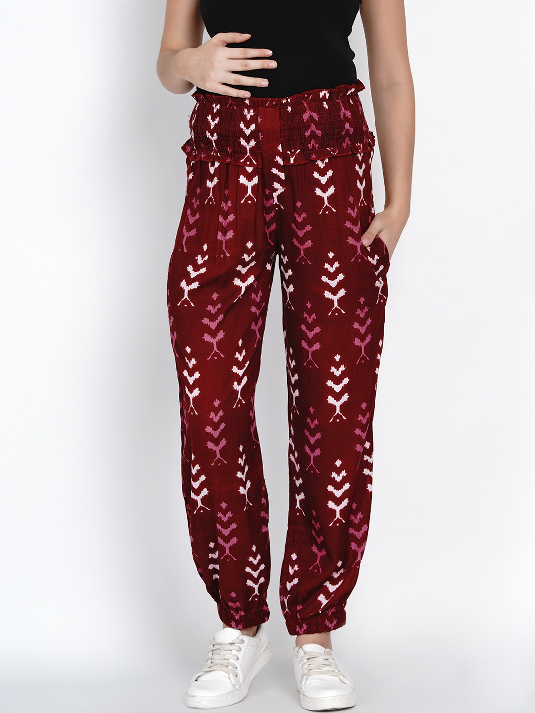 

Mine4Nine Women Maroon Relaxed Regular Fit Printed Maternity Joggers