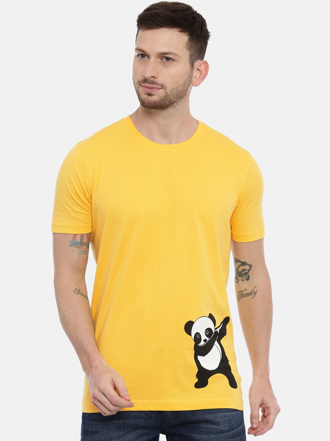 

Bushirt Men Yellow White Printed Round Neck Pure Cotton T-shirt