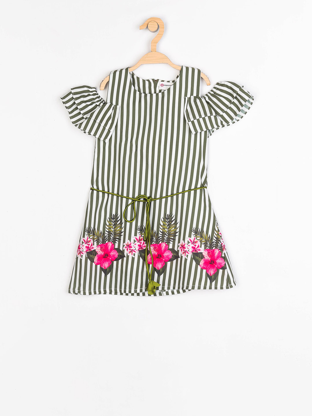 

Peppermint Girls Olive Green Striped A-Line Dress
