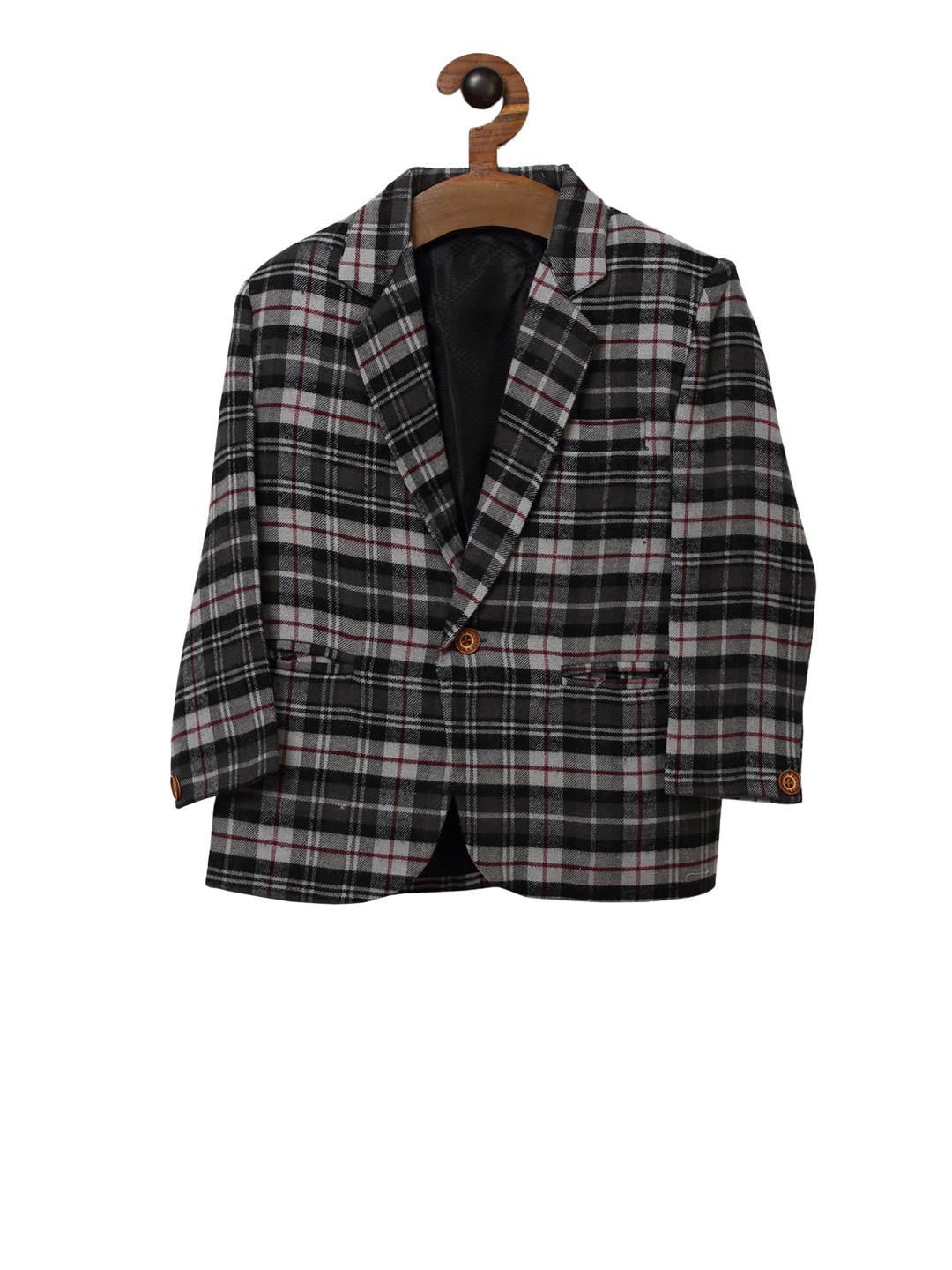 

RIKIDOOS Boys Black & Grey Checked Single-Breasted Casual Blazer