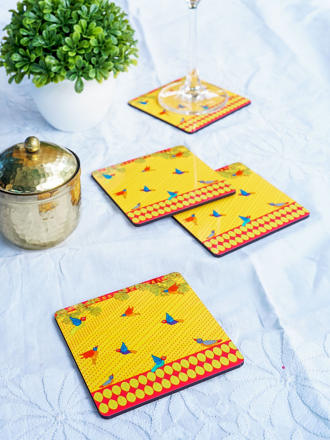 

KOLOROBIA Set of 4 Yellow & Red Printed Gond Art Wooden Square Coasters