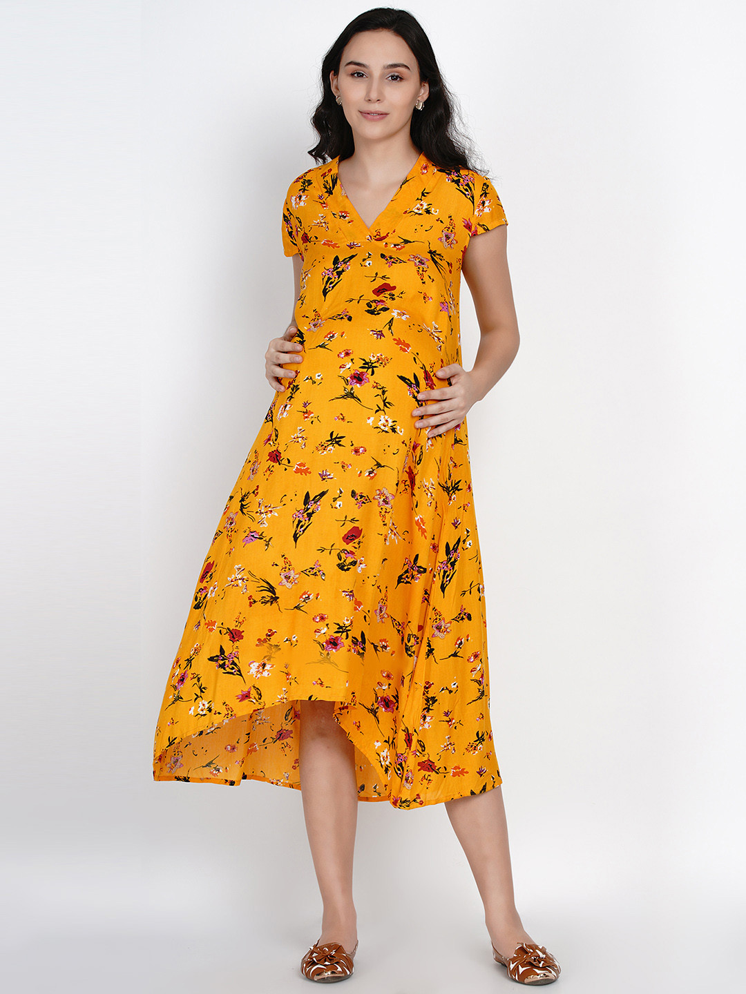 

Mine4Nine Women Yellow Printed A-Line Maternity Dress