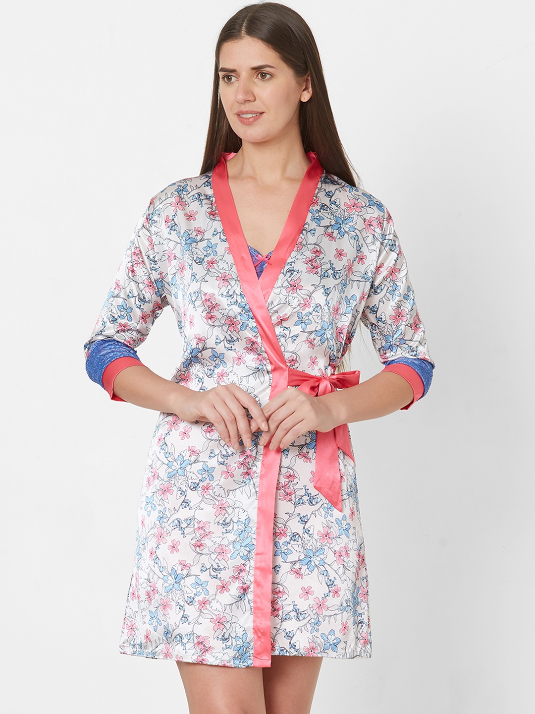 

Sweet Dreams Blue & Pink Lace Nightdress With Robe 2705AT, White