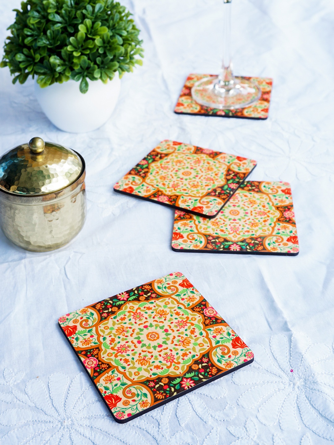 

KOLOROBIA Set Of 4 Beige & Orange Printed Mughal Bloom Square Wooden Coasters
