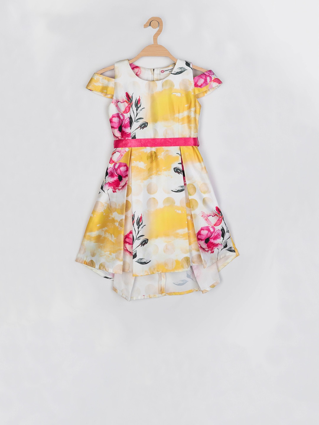 

Peppermint Girls White And Mustard Floral Printed A-Line Dress