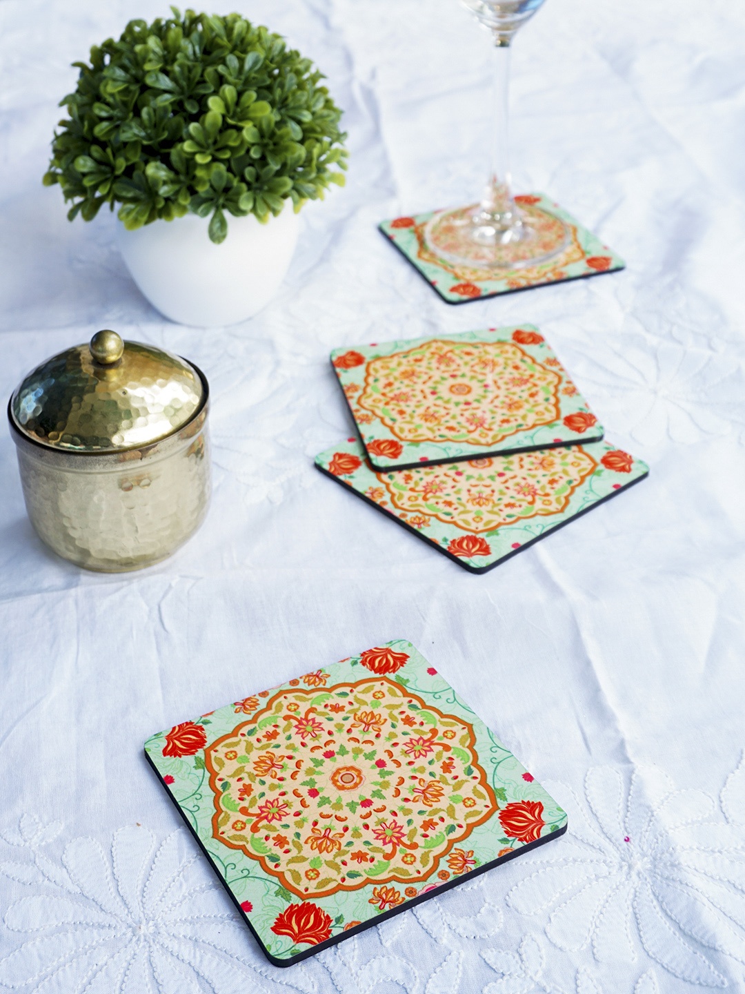 

KOLOROBIA Set of 4 Green & Yellow Printed Ornate Mughal Wooden Square Coasters