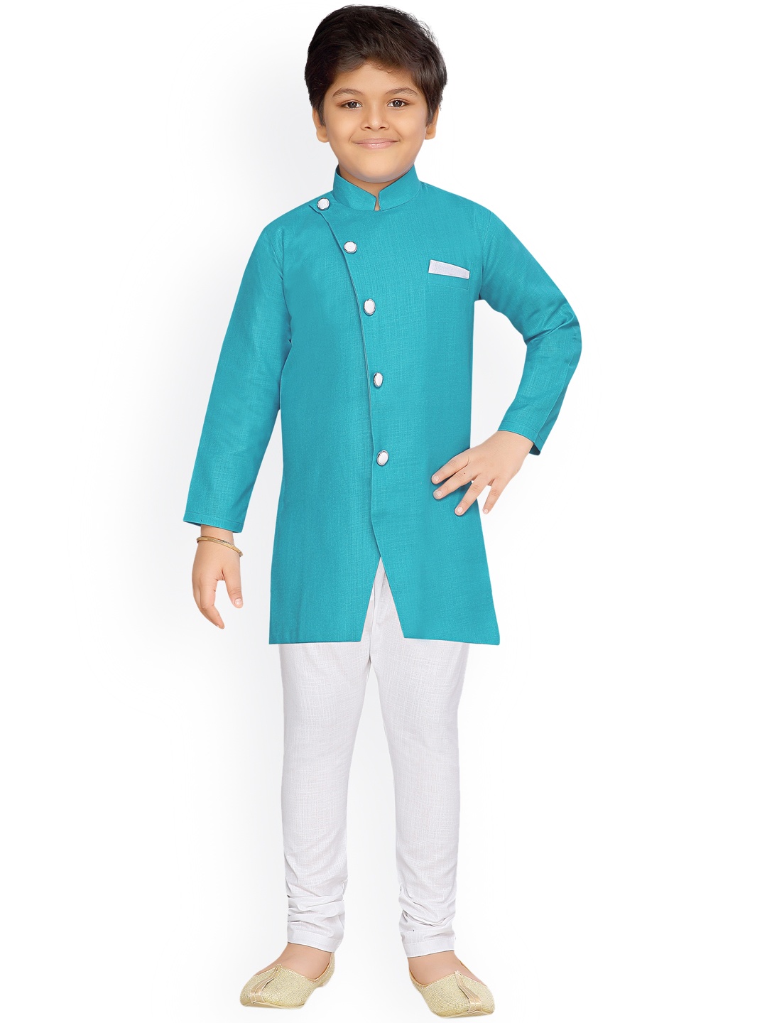 Aj DEZInES Boys Turquoise Blue & White Self Design Sherwani