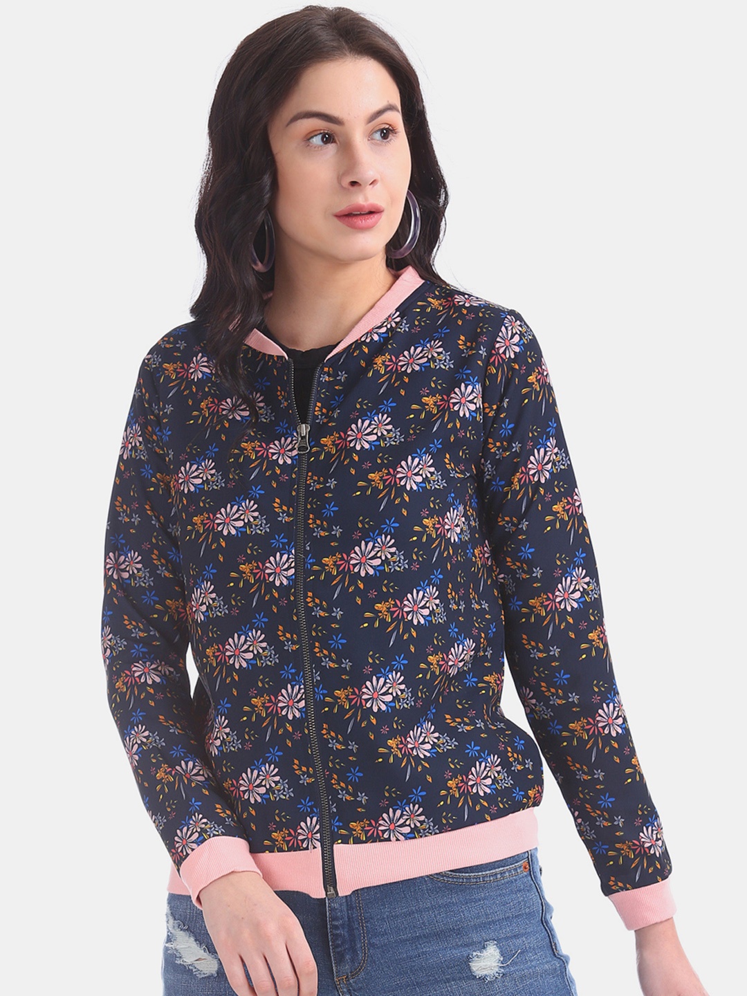 

Sugr Women Navy Blue Printed Bomber