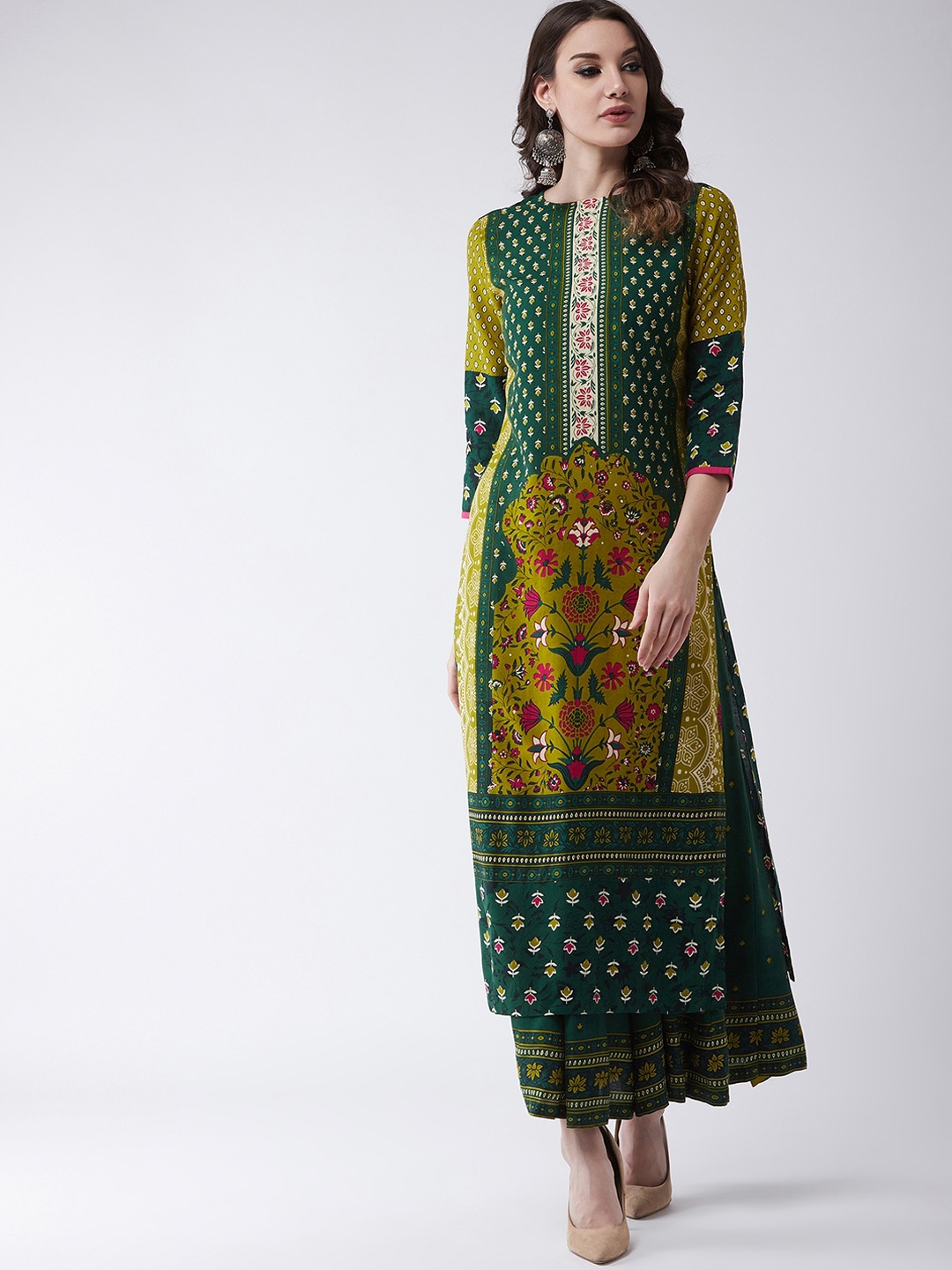 Pannkh Women Green & Yellow Printed A-Line Kurta
