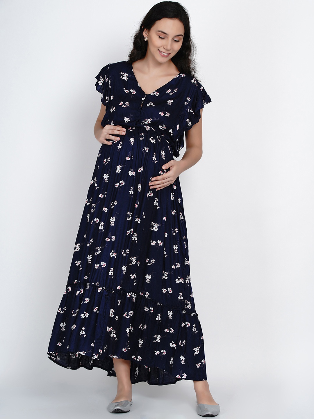 

Mine4Nine Women Navy Blue Printed A-Line Maternity Dress