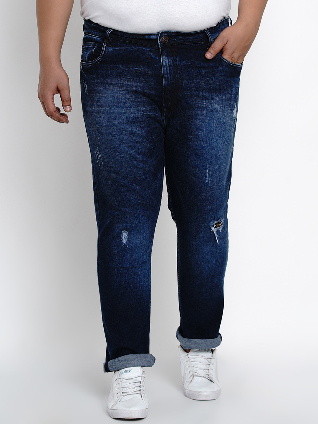 

John Pride Men Plus Size Regular Fit Mid-Rise Mildly Distressed Stretchable Jeans, Blue
